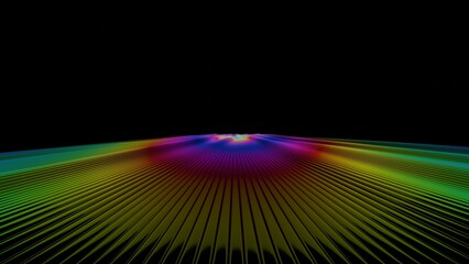 Fototapete - Vibrant rainbow lines radiate across a dark background, forming a fluid wave-like surface with bright gradient stripes, evoking a dynamic and futuristic design.......