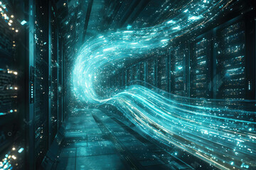 Aufkleber - Data streams flow through a futuristic server room, representing high-speed digital transfer.