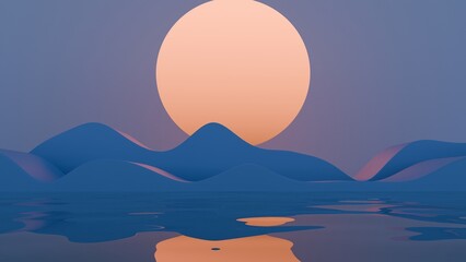 Aufkleber - Minimal abstract scene with a large orange sun and rolling blue waves against a purple sky, creating a dreamy, surreal landscape with soft curves and serene tones.......