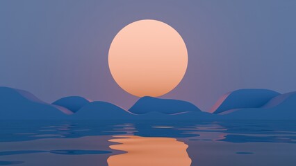 Aufkleber - Minimal abstract scene with a large orange sun and rolling blue waves against a purple sky, creating a dreamy, surreal landscape with soft curves and serene tones.......