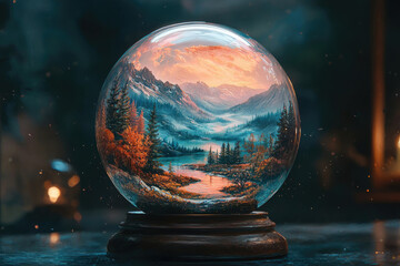 Aufkleber - A mesmerizing glass sphere encapsulates a serene landscape painting of mountains, lake, and autumnal forest at sunset.
