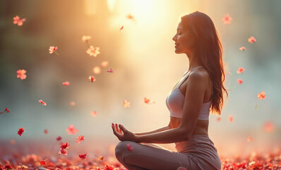 Wall Mural - Peaceful woman meditating in a garden surrounded by flowers