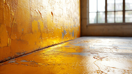 Poster - Bright yellow wall with a window framed by immersive textures from thick paint application creating a warm and inviting atmosphere.