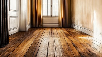Aufkleber - Sunlight illuminating hardwood floor in empty room with curtains and white wall. Ai generated