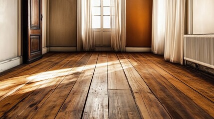 Fototapete - Sunlight illuminating an empty room with a wooden floor, curtains and a radiator. Ai generated