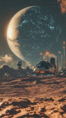 Wall Mural - futuristic city on a distant planet with a large world