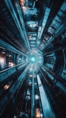 Poster - Inside a futuristic circular shaft with vibrant turquoise tones
