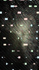 Aufkleber - A swirling mass of tiny colored dots forming a glitchy face silhouette on a black background, blending illusions, technology, and a wave-like pattern.