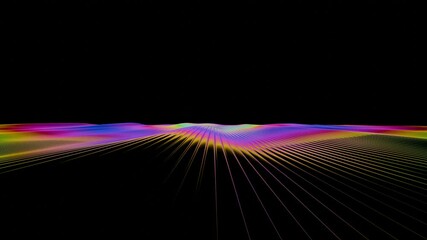 Aufkleber - Vibrant rainbow lines radiate across a dark background, forming a fluid wave-like surface with bright gradient stripes, evoking a dynamic and futuristic design.