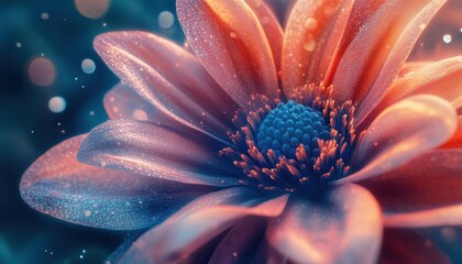 Aufkleber - Close-up of a Vibrant Orange and Pink Flower with Blue Center Glowing Petals and Sparkly Texture