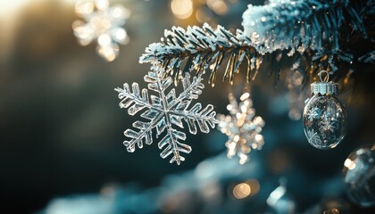 Aufkleber - Closeup of an Intricate Snowflake on a Snowy Fir Branch