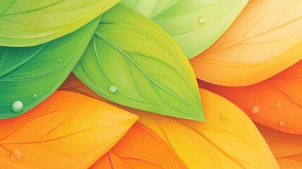 Poster - A vibrant arrangement of stylized leaves in various shades of green, yellow, and orange, with subtle water droplets enhancing their freshness, Green Technology.