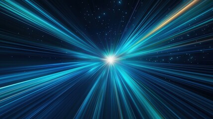 Poster - A vibrant depiction of light beams radiating outward in a cosmic space, creating a sense of speed and depth against a starry background, Green Technology.