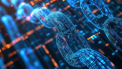 Fototapete - Glowing Blue Digital Chain Links Abstract Technology Background