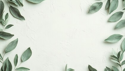Poster - Green Leaves Frame on White Textured Background