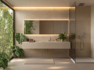 Poster - Modern Minimalist Beige Bathroom Interior with Tropical Plants