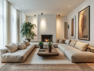 Poster - Modern Minimalist Living Room Interior Design with Beige Sofa and Fireplace
