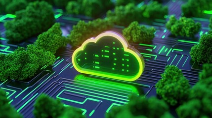 Poster - A digital cloud icon surrounded by green trees and circuit patterns, symbolizing the intersection of technology and nature, Green Technology.