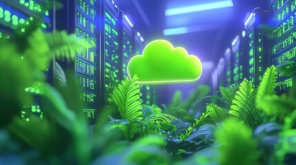 Poster - A vibrant data center scene with green plants and a glowing cloud logo, representing the fusion of technology and nature, Green Technology.