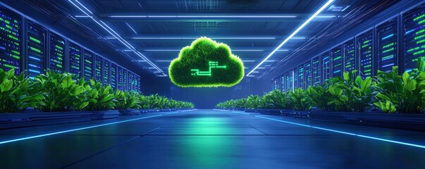 Poster - A futuristic data center featuring server racks and a vibrant green cloud symbolizing digital growth and sustainability amidst lush plants, Green Technology.