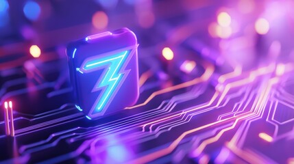 Poster - A vibrant, futuristic circuit board with a glowing lightning bolt symbol, featuring purple and blue lighting effects, Green Technology.