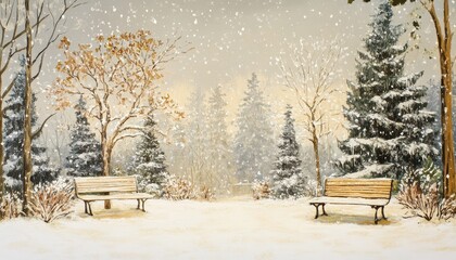 Aufkleber - Snowy Park Winter Scene with Benches and Falling Snow