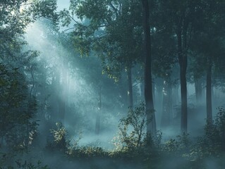 Wall Mural - sunbeams through a misty forest