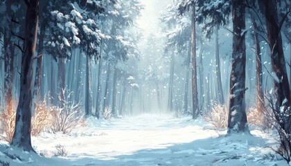 Aufkleber - Sunlit Path Through Snowy Winter Forest