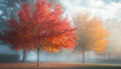 Poster - Vibrant Red And Orange Trees In A Misty Autumn Park