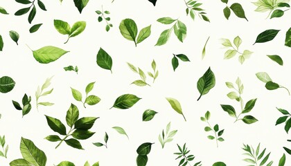 Aufkleber - Watercolor Green Leaves Pattern on White Background