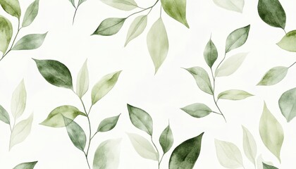 Aufkleber - Watercolor Green Leaves Pattern on White Background