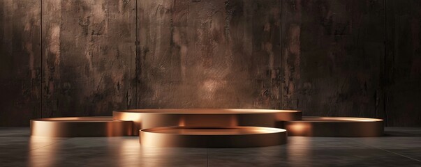 Poster - Four empty round gold podiums are displaying products on a dark background with dramatic lighting