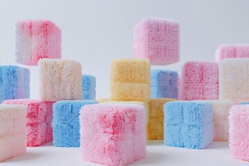 Poster - Colorful floating cubes of fluffiness on a white backdrop