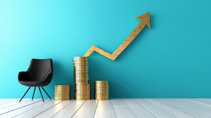 Poster - Gold Coins and Arrow Illustration Showing Upward Trend of Success and Growth in a Modern Minimalist Interior Design with Black Chair