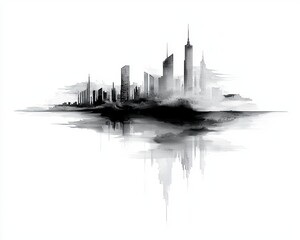 Poster - Silhouette Illustration of a Modern Cityscape with Reflections Showcasing Tall Buildings Against a Minimalist Background