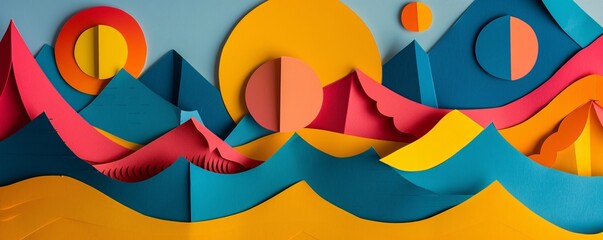 Leinwandbilder - Colorful paper cutouts creating a vivid papercraft scene of mountains and a setting sun