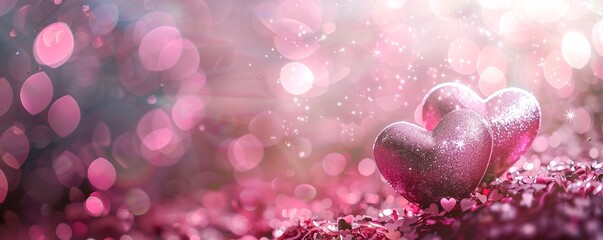 Aufkleber - Two glittering hearts surrounded by bokeh and shimmer on a pink backdrop