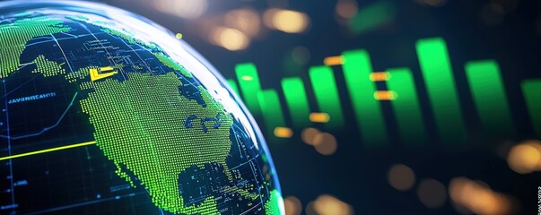 Poster - A futuristic digital globe with data visualizations, representing global connectivity and technological advancements, Green Technology.