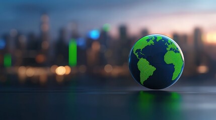Poster - A globe with a digital render of Earth against a blurred city skyline, symbolizing global connectivity and technology, Green Technology.