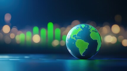 Poster - A digital globe with green continents and a blurred background featuring glowing bars, symbolizing data and global connectivity, Green Technology.