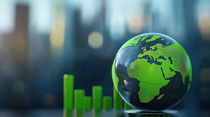 Poster - A stylized globe with green continents and bar graphs represents global growth and sustainability in a modern city backdrop, Green Technology.