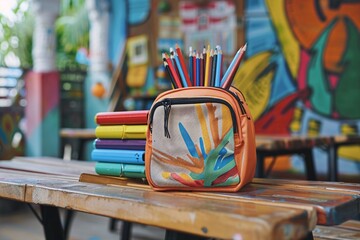 Poster - Orange backpack full of colorful pencils and markers is sitting on a desk in a colorful classroom, suggesting the start of a new school year
