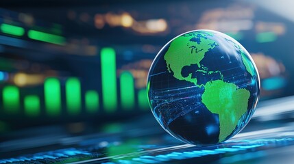Poster - A digital globe displays vibrant continents, illuminated against a backdrop of green data visualizations, representing global connectivity and technology, Green Technology.