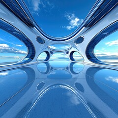 Poster - Abstract Illustration of Flowing Lines in a Futuristic Space with Blue Sky and Cloud Reflections
