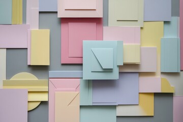Poster - Colorful arrangement of paper pieces in pastel shades on a wall for creative projects and design inspiration