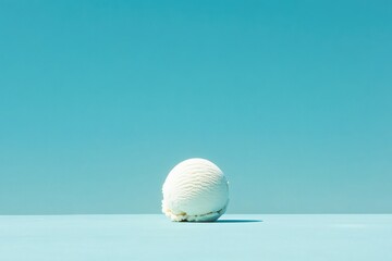 Poster - Creative ice cream scoop against a vibrant blue background showcases simple dessert elegance in a minimalist setup