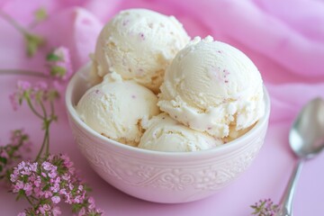 Poster - Delicious creamy ice cream scoops served in a decorative bowl with floral accents on a soft pink background