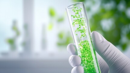 Poster - A hand holds a test tube filled with vibrant green liquid, surrounded by a blurred laboratory background, suggesting a focus on science and experimentation, Green Technology.