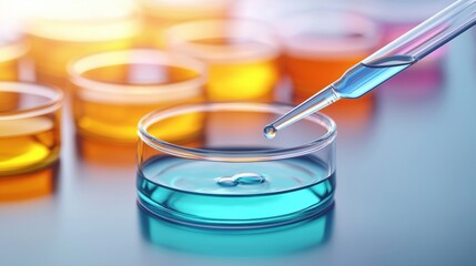 Poster - A dropper releasing a blue liquid into a petri dish, surrounded by vibrant colored dishes, showcasing a laboratory setting, Green Technology.