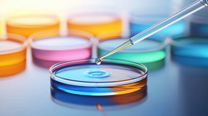 Poster - A colorful petri dish with a pipette droplet, showcasing a scientific experiment or laboratory setting with vibrant liquid solutions, Green Technology.